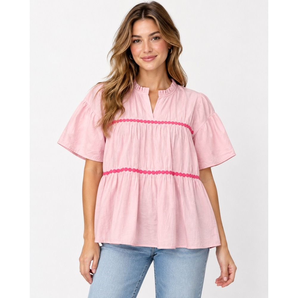 Simply Southern Babydoll Top Womens Medium Pink Pom Pom Trim Tiered Blouse